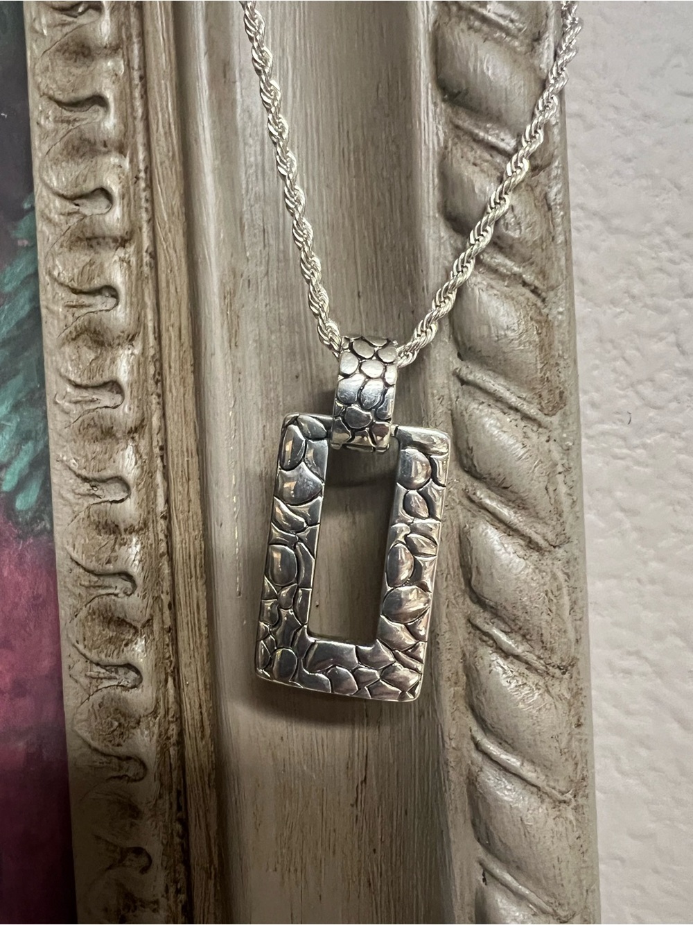 Premier Designs Silver Tone Textured Rectangle Pendant Necklace